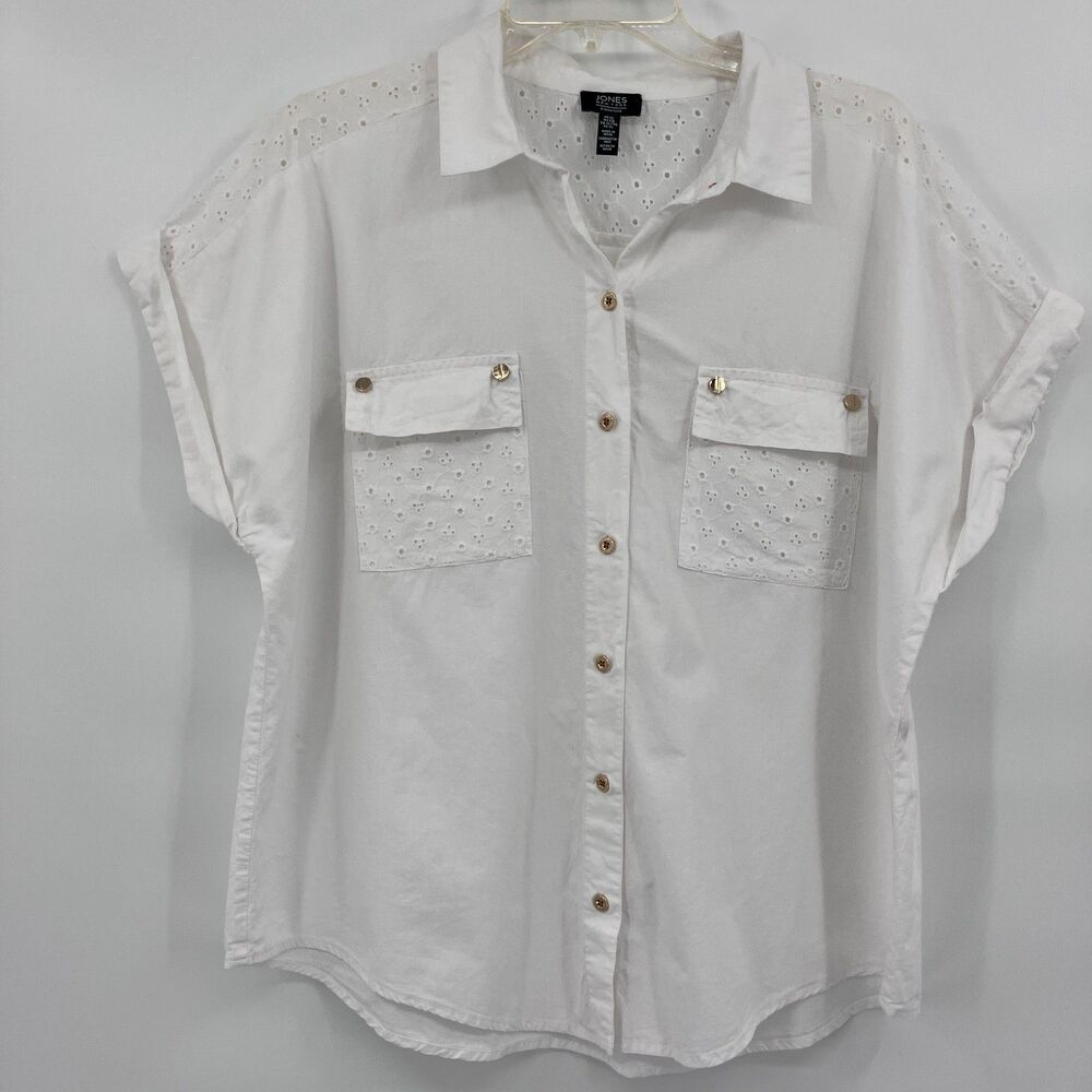 Jones NY Signature White Eyelet Cotton Button Down Blouse XL Classy Quiet Luxury